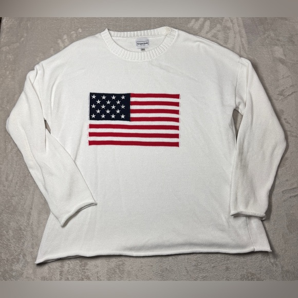 Newport Knits White American Flag 100% Cotton Oversized Sweater Size Small - Picture 1 of 14